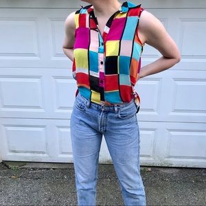 Bold 80s-90s colorful button-down, sleeveless top